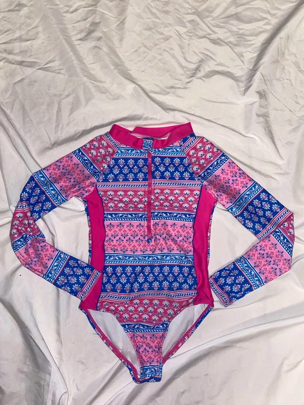 Long-Sleeve Kids One-Piece Swimsuit — Pink & Blue Floral Print